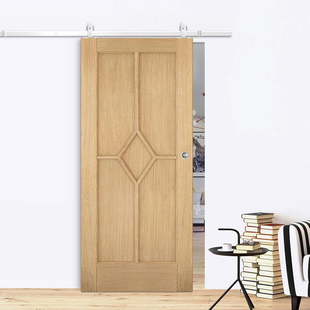 Top Mounted Stainless Steel Sliding Track & Door - Reims Diamond 5 Panel Oak Door - Prefinished