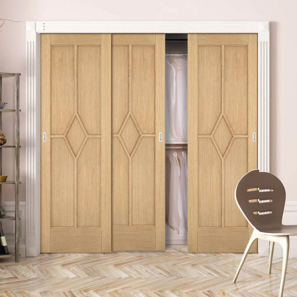 Minimalist Wardrobe Door & Frame Kit - Three Reims Diamond 5 Panel Oak Door - Prefinished