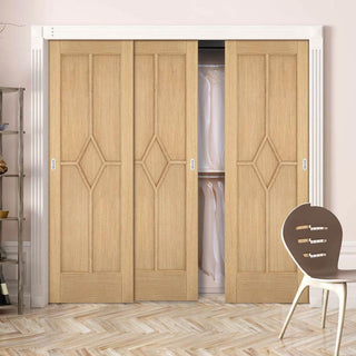 Image: Minimalist Wardrobe Door & Frame Kit - Three Reims Diamond 5 Panel Oak Door - Prefinished