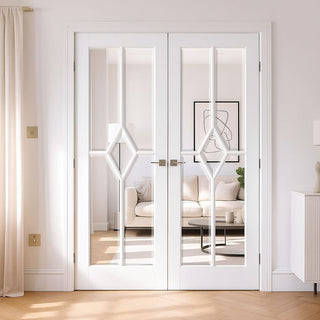 Image: Reims Diamond 5 Pane Internal Door Pair - Clear Bevelled Glass - White Primed
