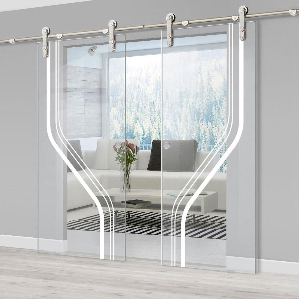 Double Glass Sliding Door - Solaris Tubular Stainless Steel Sliding Track & Reston 8mm Clear Glass - Obscure Printed Design