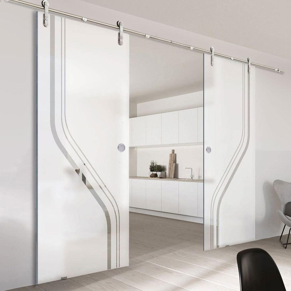 Double Glass Sliding Door - Solaris Tubular Stainless Steel Sliding Track & Reston 8mm Obscure Glass - Clear Printed Design