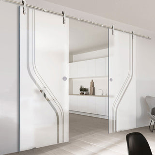 Image: Double Glass Sliding Door - Solaris Tubular Stainless Steel Sliding Track & Reston 8mm Obscure Glass - Clear Printed Design