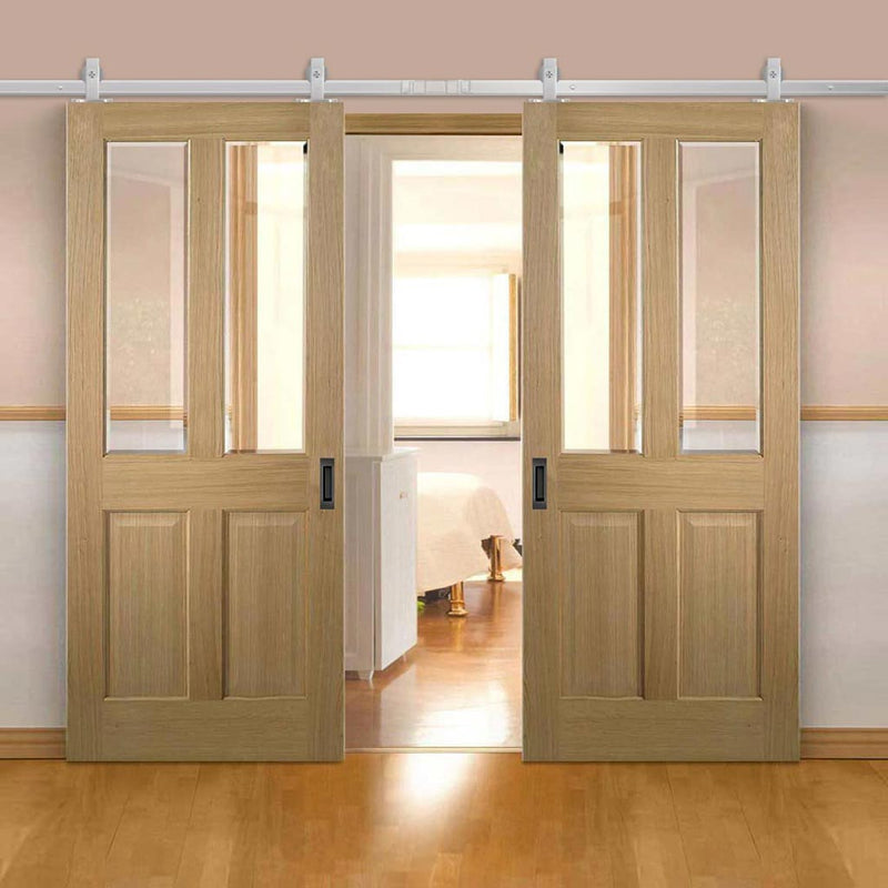 Top Mounted Stainless Steel Sliding Track & Double Door - Richmond Oak Doors - Bevelled Clear Glass - Prefinished
