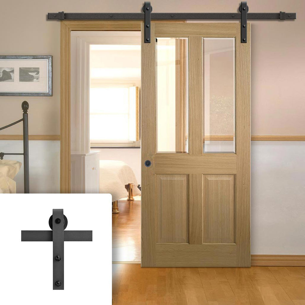 Single Sliding Door & Black Barn Track - Richmond Oak Door - Bevelled Clear Glass - Prefinished
