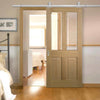 Top Mounted Stainless Steel Sliding Track & Door - Richmond Oak Door - Bevelled Clear Glass - Prefinished