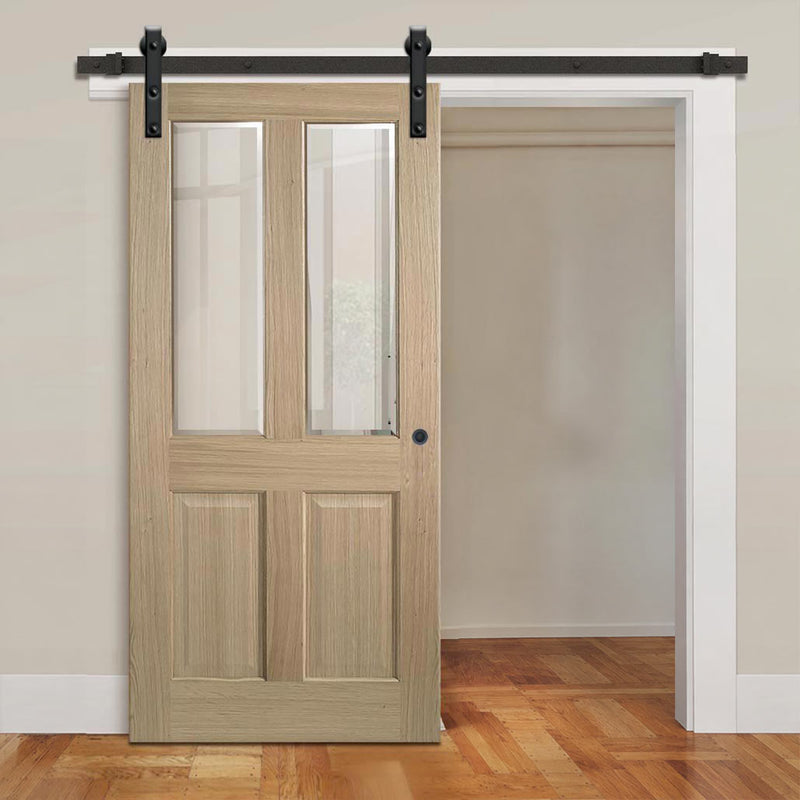 Single Sliding Door & Black Barn Track - Richmond White Oak Door - No Raised Mouldings - Bevelled Clear Glass - Unfinished