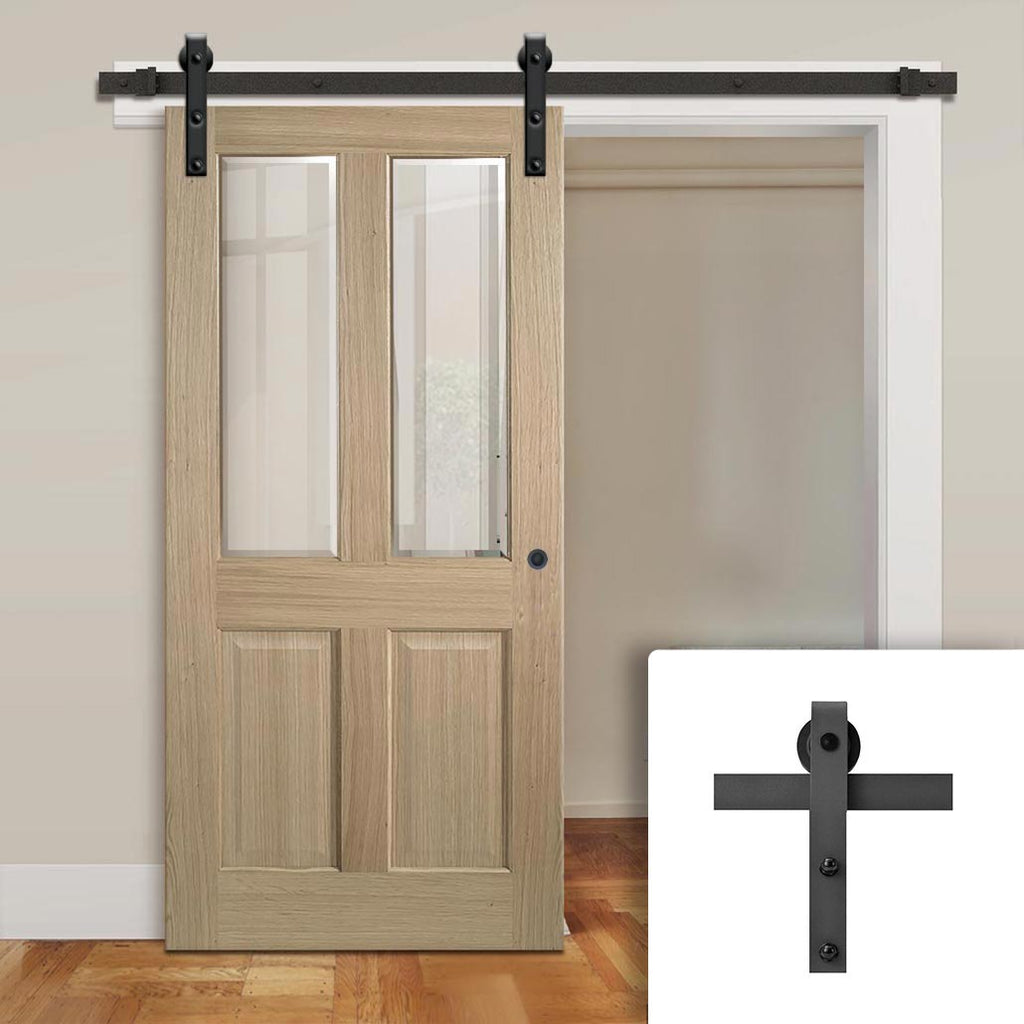 Single Sliding Door & Black Barn Track - Richmond White Oak Door - No Raised Mouldings - Bevelled Clear Glass - Unfinished