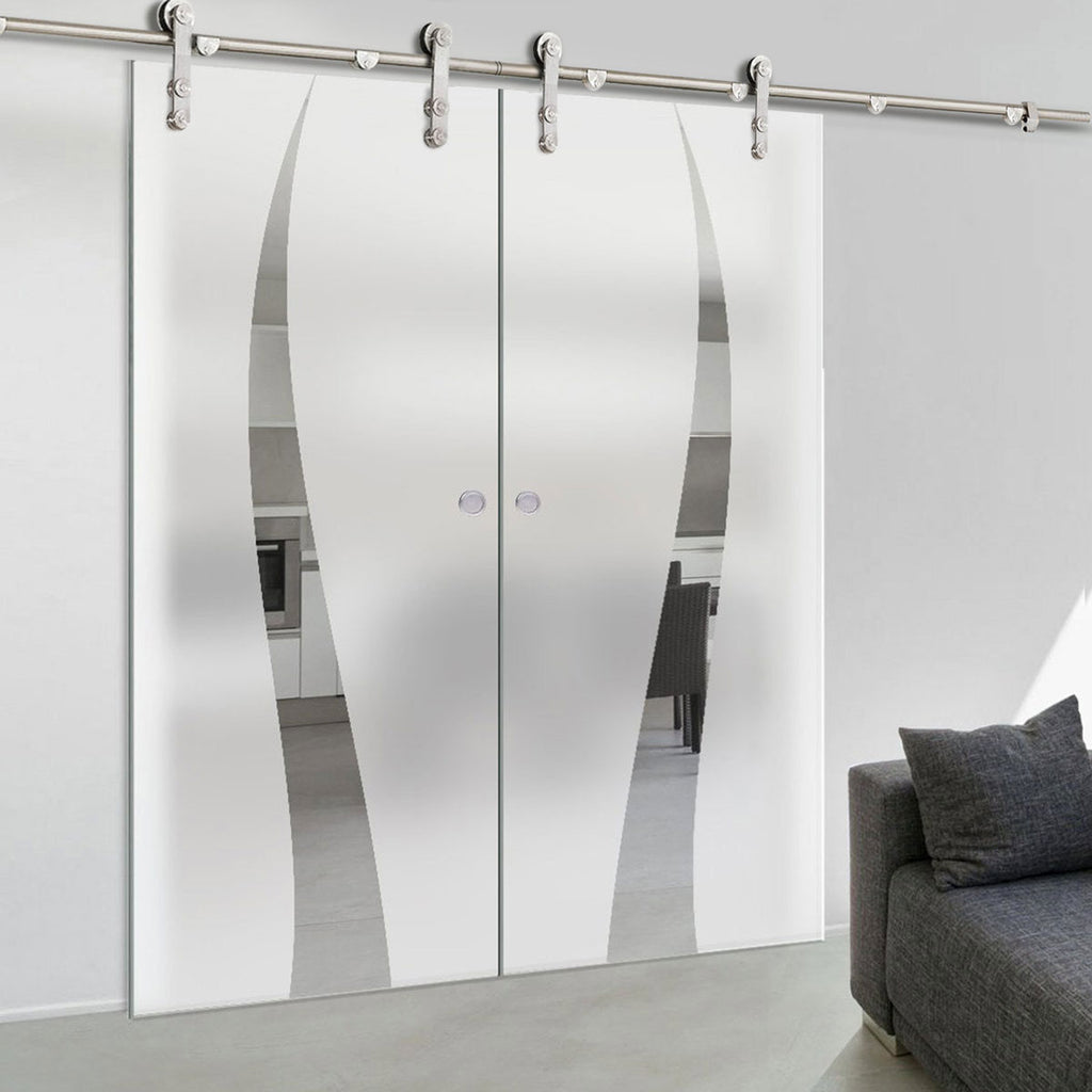 Double Glass Sliding Door - Solaris Tubular Stainless Steel Sliding Track & Roslin 8mm Obscure Glass - Clear Printed Design