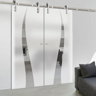 Image: Double Glass Sliding Door - Solaris Tubular Stainless Steel Sliding Track & Roslin 8mm Obscure Glass - Clear Printed Design