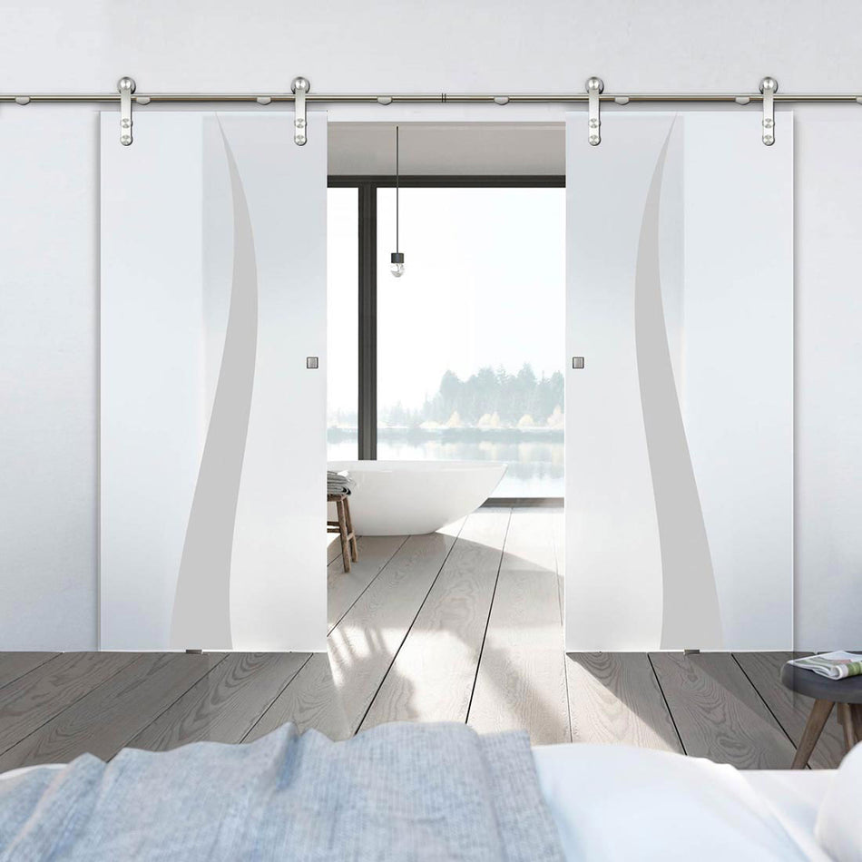 Double Glass Sliding Door - Solaris Tubular Stainless Steel Sliding Track & Roslin 8mm Obscure Glass - Obscure Printed Design