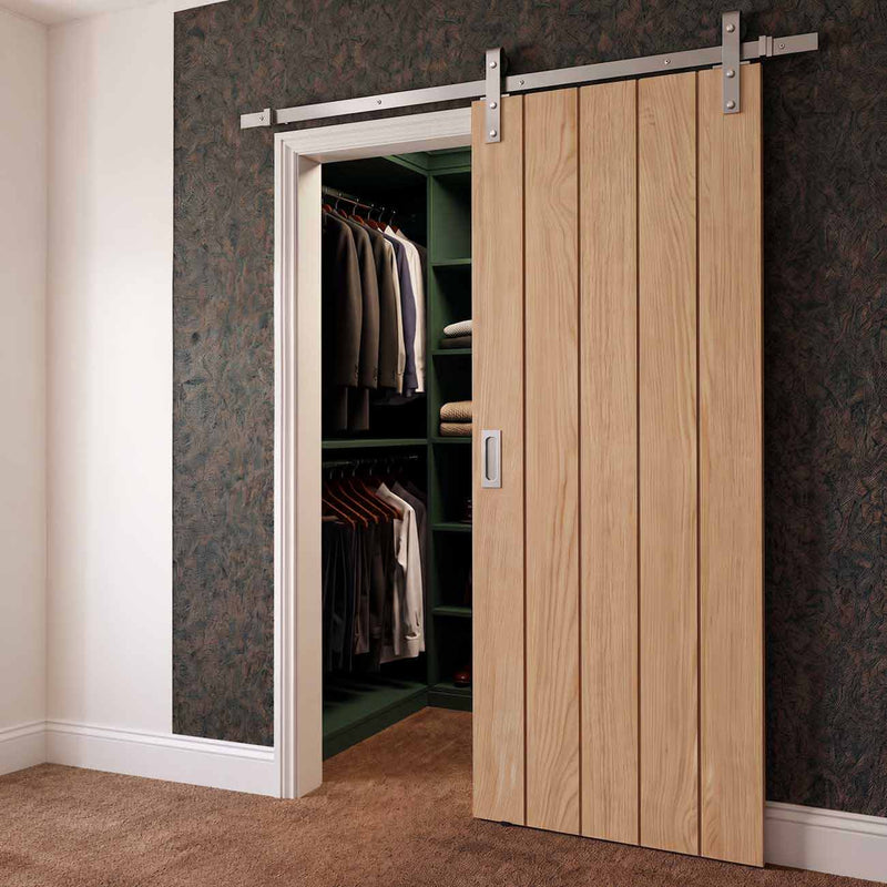 Single Sliding Door & Stainless Steel Barn Track - Wexford Oak Panel Door - Unfinished