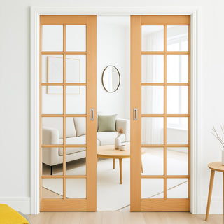 Image: SA 10 Pane Oak Evokit Double Pocket Door - Clear Glass - Unfinished