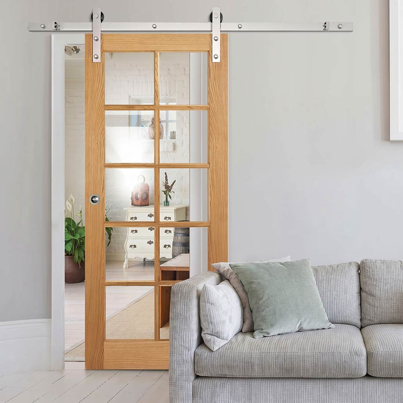 Single Sliding Door & Stainless Steel Barn Track - SA 10 Pane White Oak Door - Clear Glass - Unfinished