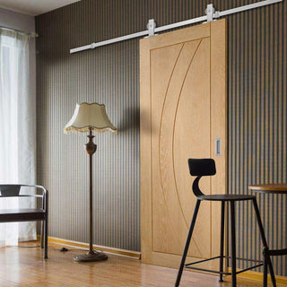 Image: Top Mounted Stainless Steel Sliding Track & Door - Salerno Oak Flush Door - Unfinished