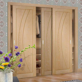 Image: Minimalist Wardrobe Door & Frame Kit - Three Salerno Oak Flush Doors - Prefinished