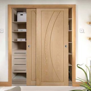 Image: Minimalist Wardrobe Door & Frame Kit - Two Salerno Oak Flush Doors - Prefinished