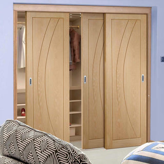 Image: Minimalist Wardrobe Door & Frame Kit - Three Salerno Oak Flush Doors - Unfinished