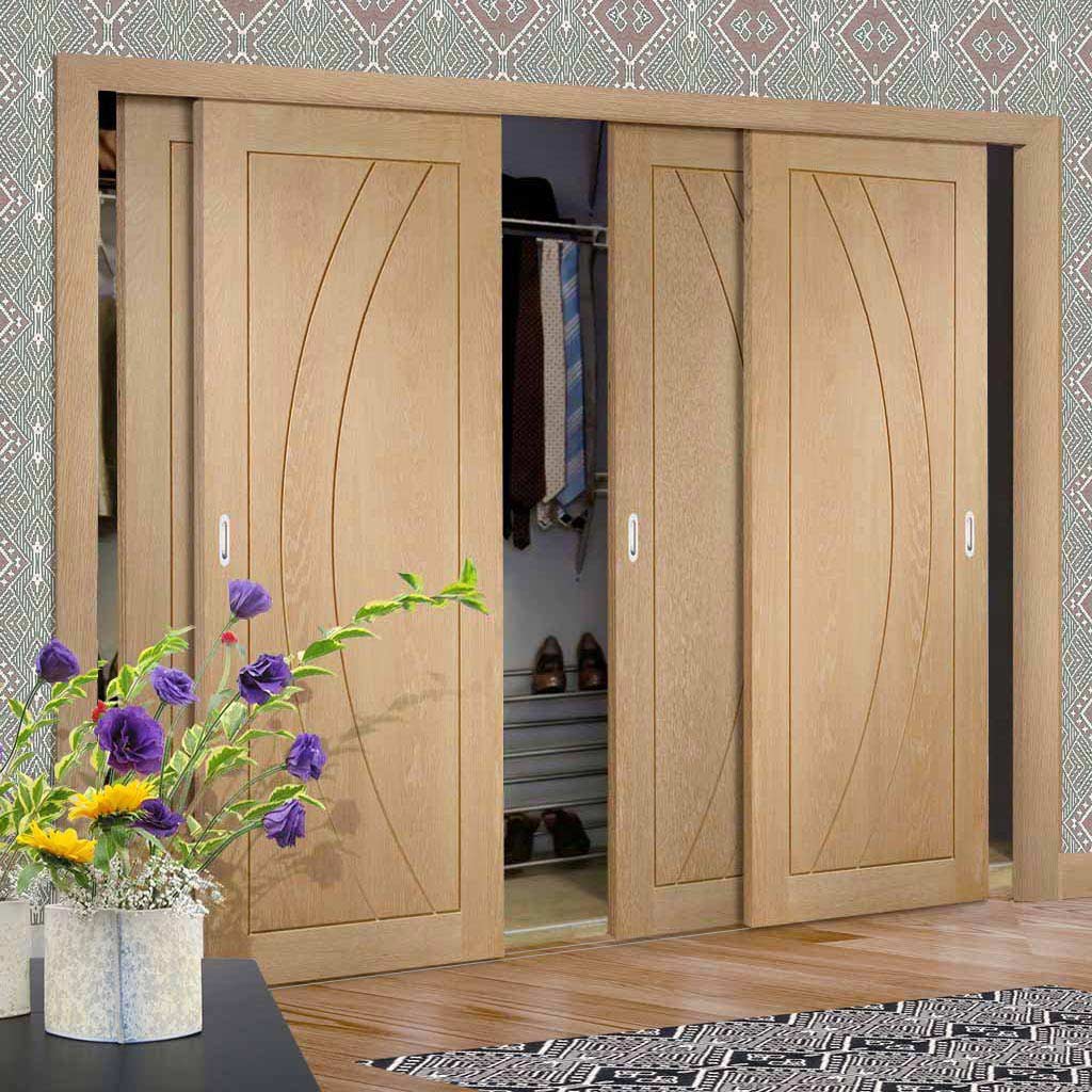 Minimalist Wardrobe Door & Frame Kit - Four Salerno Oak Flush Doors - Unfinished