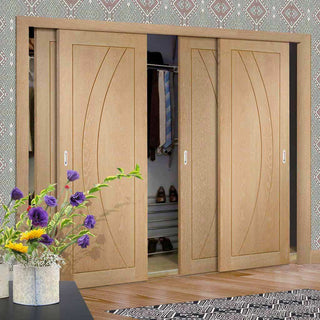 Image: Minimalist Wardrobe Door & Frame Kit - Four Salerno Oak Flush Doors - Unfinished