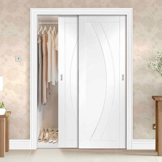 Image: Minimalist Wardrobe Door & Frame Kit - Two Salerno Flush Doors - White Primed