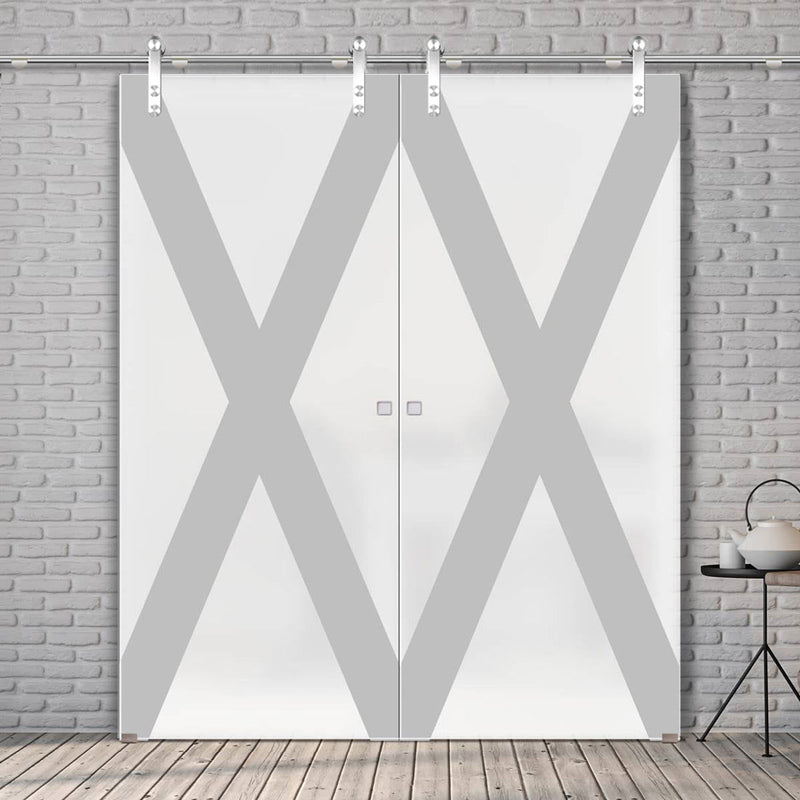 Double Glass Sliding Door - Solaris Tubular Stainless Steel Sliding Track & The Saltire Flag 8mm Obscure Glass - Obscure Printed Design