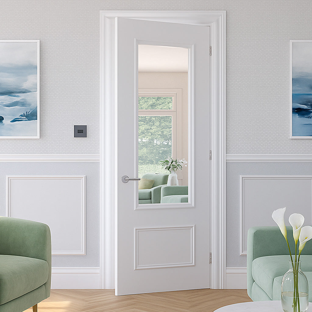 Sandringham White Primed Fire Internal Door - Clear Glass - 1/2 Hour Fire Rated