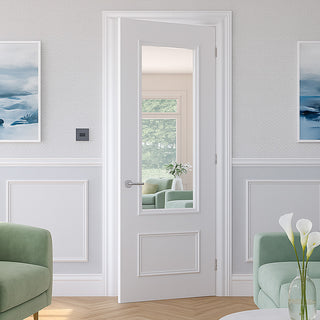 Image: Sandringham White Primed Fire Internal Door - Clear Glass - 1/2 Hour Fire Rated