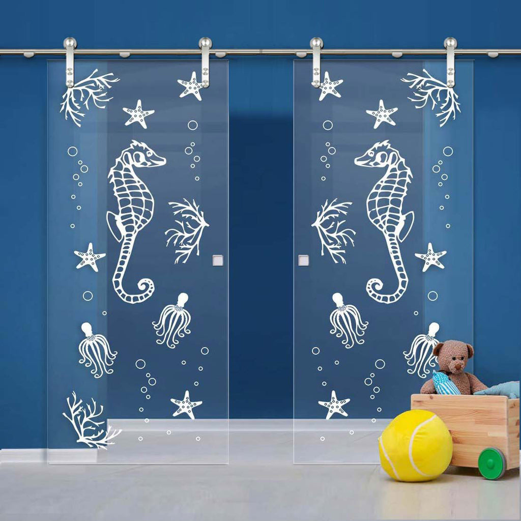 Double Glass Sliding Door - Solaris Tubular Stainless Steel Sliding Track & Seahorse 8mm Clear Glass - Obscure Printed Design