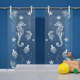 Image: Double Glass Sliding Door - Solaris Tubular Stainless Steel Sliding Track & Seahorse 8mm Clear Glass - Obscure Printed Design