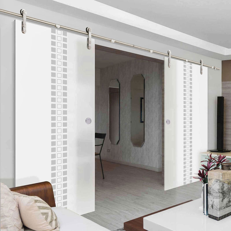 Double Glass Sliding Door - Solaris Tubular Stainless Steel Sliding Track & Seton 8mm Obscure Glass - Obscure Printed Design