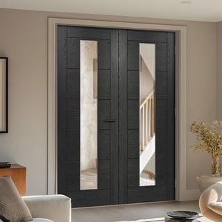 Image: Seville Brushed Black Oak Internal Door Pair - Prefinished - Clear Glass