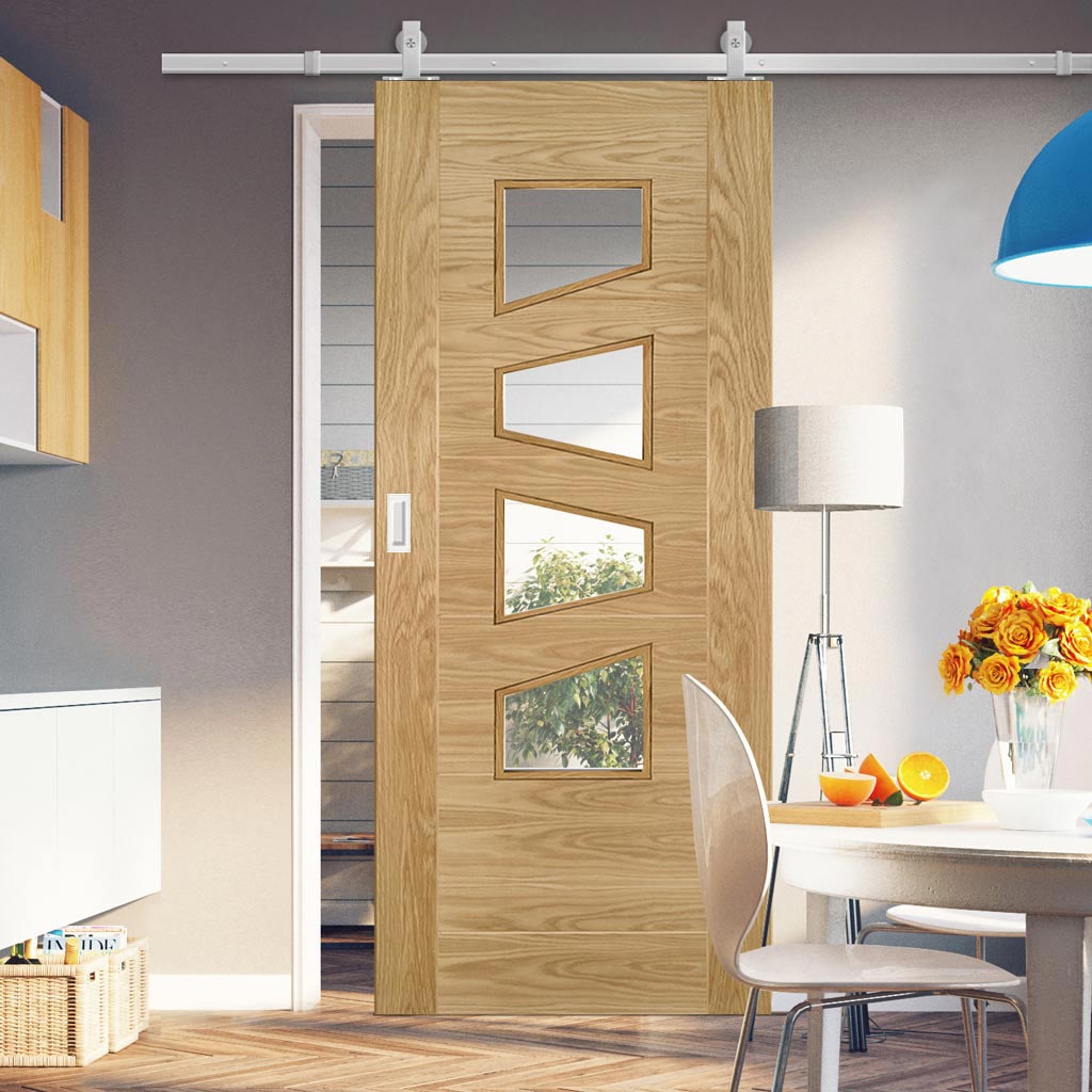 Top Mounted Stainless Steel Sliding Track & Seville 4LS Glazed Oak Door - Irregular Glass Panes - Prefinished