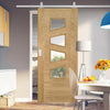 Top Mounted Stainless Steel Sliding Track & Seville 4LS Glazed Oak Door - Irregular Glass Panes - Prefinished