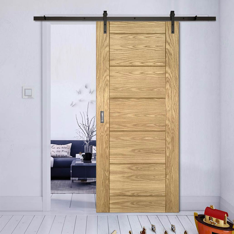 Single Sliding Door & Black Barn Track - Seville Oak Panel Door - Prefinished