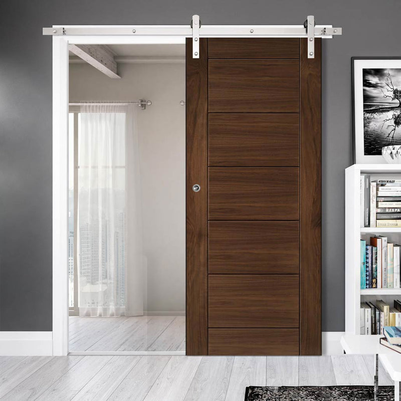 Single Sliding Door & Stainless Barn Steel Track - Seville Walnut Prefinished Door