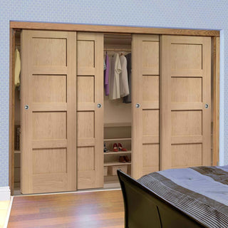 Image: Minimalist Wardrobe Door & Frame Kit - Four Shaker Oak 4 Panel Solid Doors - Unfinished