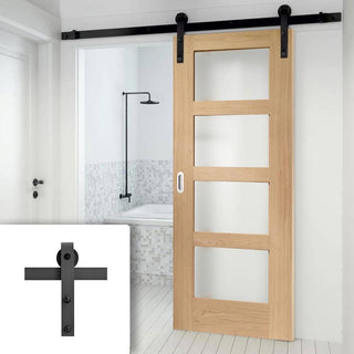 Image: Single Sliding Door & Black Barn Track - Shaker Oak 4 Pane Door - Obscure Glass - Prefinished