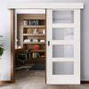 Single Sliding Door & Wall Track - Shaker 4 Pane Door - Clear Glass - White Primed