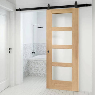 Image: Top Mounted Black Sliding Track & Door - Shaker Oak 4 Pane Door - Obscure Glass - Prefinished