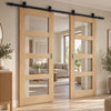 Top Mounted Black Sliding Track & Double Door - Valdor Shaker Oak Door - Clear Glass - Unfinished