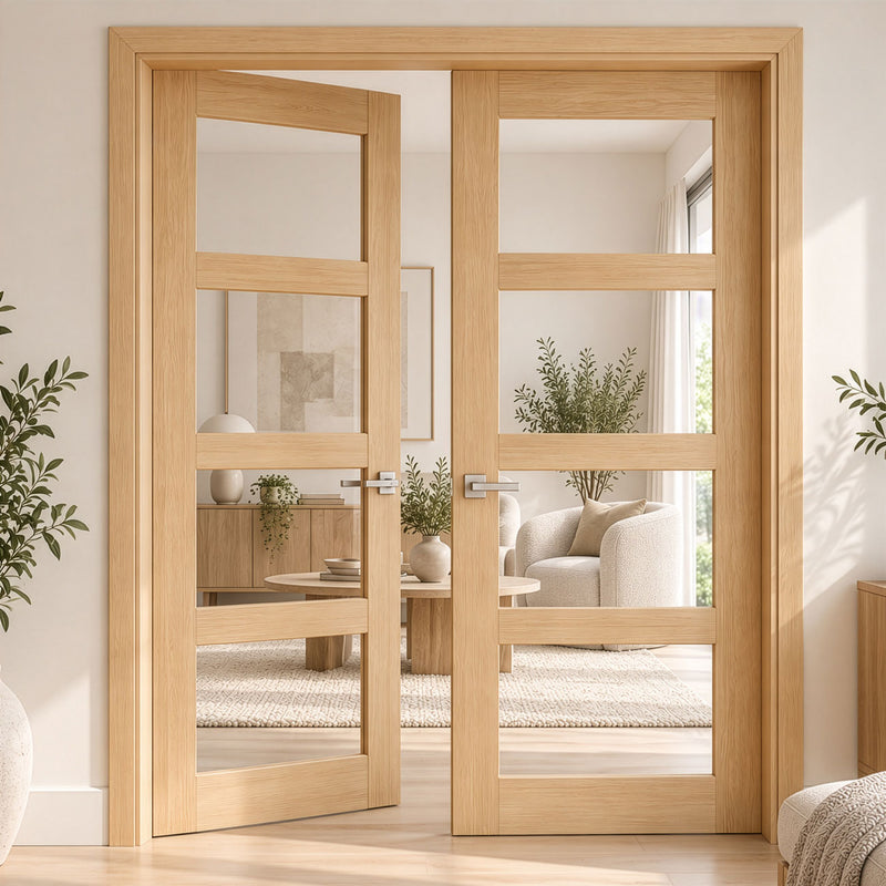 Valdor - Shaker Oak Internal Door Pair - Clear Glass - Unfinished