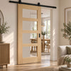 Top Mounted Black Sliding Track & Door - Valdor Shaker Oak Door - Clear Glass - Unfinished