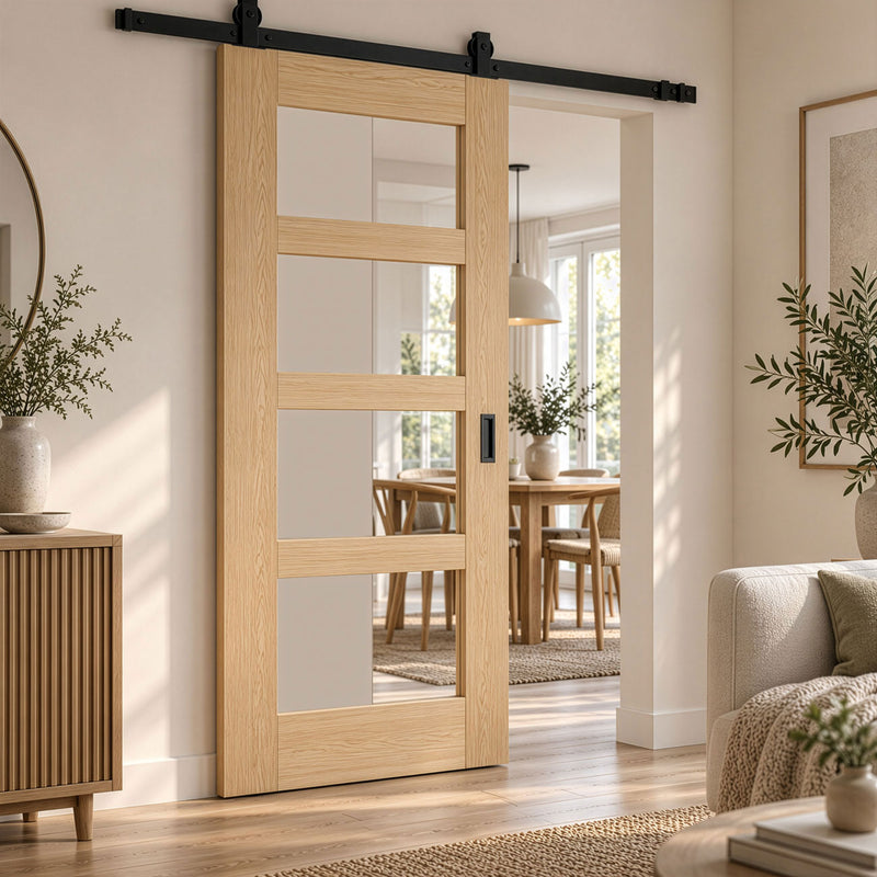Top Mounted Black Sliding Track & Door - Valdor Shaker Oak Door - Clear Glass - Unfinished