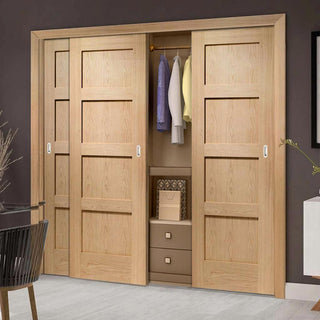 Image: Minimalist Wardrobe Door & Frame Kit - Three Shaker Oak 4 Panel Door - Prefinished