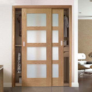 Image: Minimalist Wardrobe Door & Frame Kit - Two Shaker Oak 4 Pane Door - Obscure Glass - Prefinished