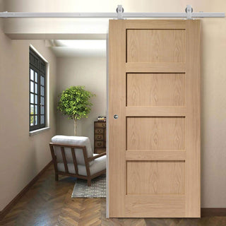 Image: Top Mounted Stainless Steel Sliding Track & Door - Shaker Oak 4 Panel Door - Prefinished