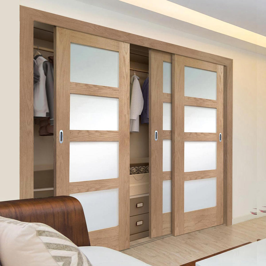 Minimalist Wardrobe Door & Frame Kit - Three Shaker Oak 4 Pane Door - Obscure Glass - Prefinished