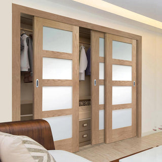 Image: Minimalist Wardrobe Door & Frame Kit - Three Shaker Oak 4 Pane Door - Obscure Glass - Prefinished