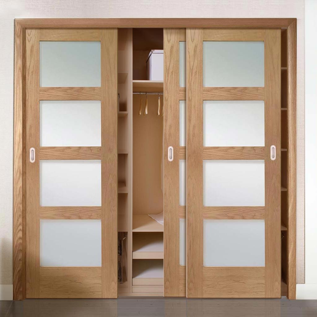 Minimalist Wardrobe Door & Frame Kit - Three Shaker Oak Doors - Obscure Glass - Unfinished
